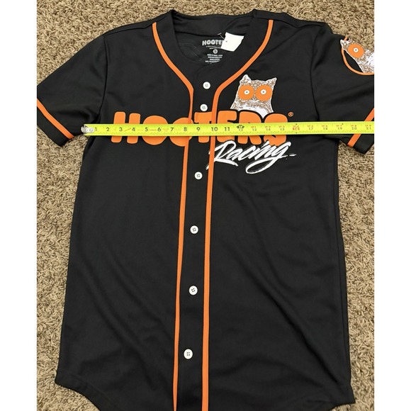 Hooters Racing Baseball Jersey Black Orange Button Up Shirt 00 Owl Logo Sz Small - Picture 5 of 6